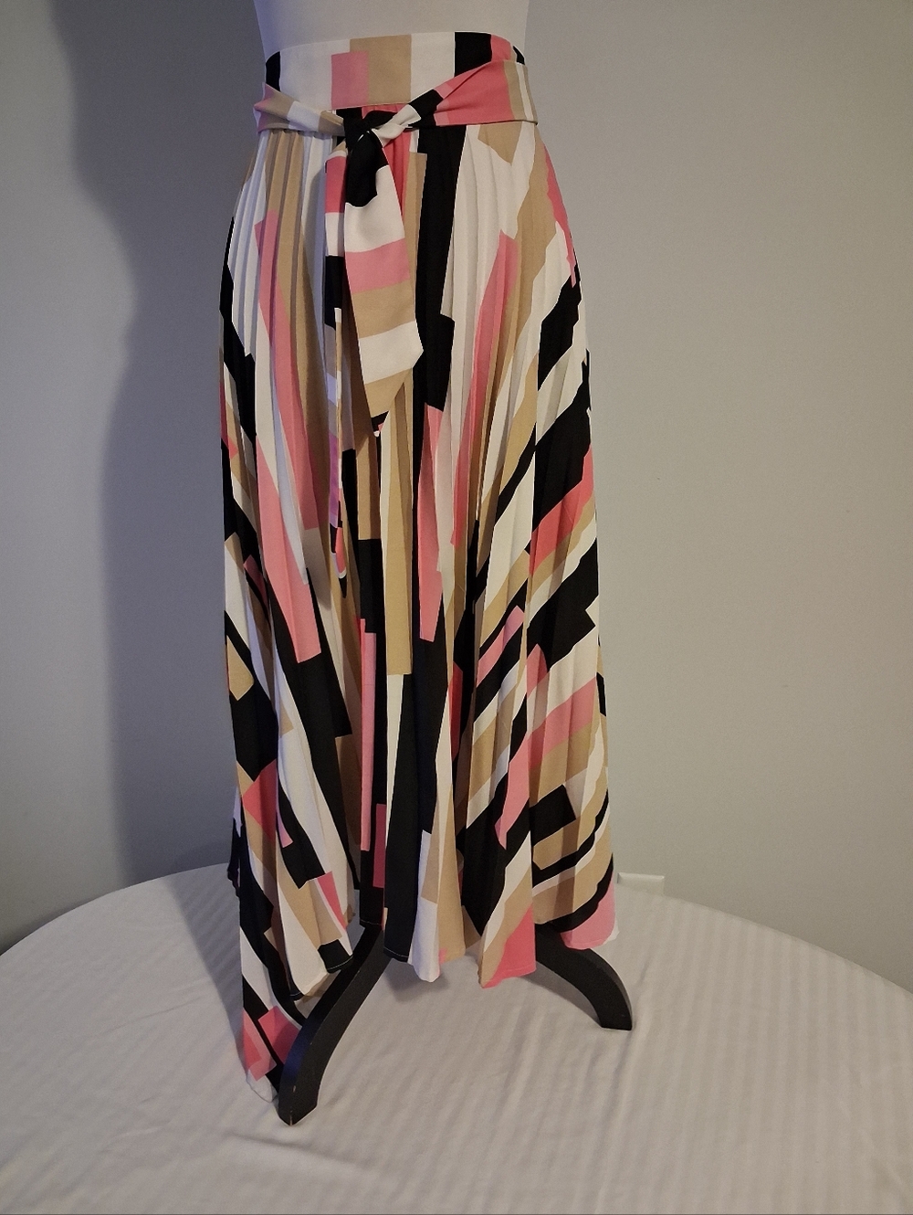 Striped Maxi Skirt with Waist Tie - Pink, Black, White And Tan